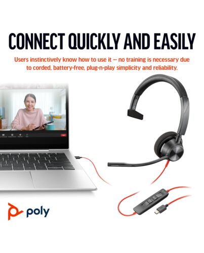HP Poly Blackwire 3310 Monaural Microsoft Teams  USB-C Headset +USB-C/A Adapter 8X216AA