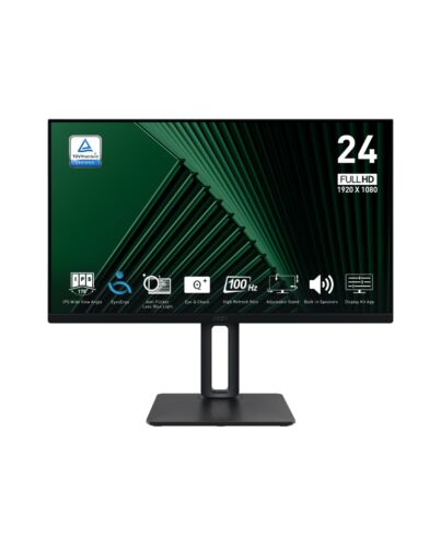 MSI Pro MP245PG 24 Inch Monitor, FHD (1920 x 1080), 100Hz, IPS, 1ms, 1x HDMI 1.4b, 1x DP 1.2a output, 1x D-Sub(VGA), Built-in Speakers, Anti-Glare, Anti-Flicker, Less Blue light, TÜV Certified, VESA, Kensington, 4-way adjustable stand, Black
