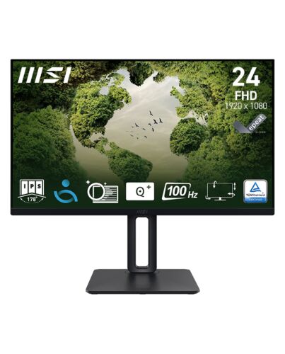 MSI Pro MP245PG 24 Inch Monitor, FHD (1920 x 1080), 100Hz, IPS, 1ms, 1x HDMI 1.4b, 1x DP 1.2a output, 1x D-Sub(VGA), Built-in Speakers, Anti-Glare, Anti-Flicker, Less Blue light, TÜV Certified, VESA, Kensington, 4-way adjustable stand, Black