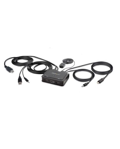 StarTech.com 2-Port Hybrid USB-C HDMI Cable KVM Switch, 4K 60Hz, Compact KVM with 6ft/1.8m USB-A/HDMI/Audio & 4ft/1.2m USB-C Integrated Host Cables, Bus Powered - Remote Push Button/Hotkey Switching