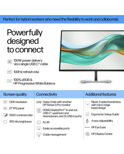HP Series 5 Pro 27 inch QHD USB-C Monitor - 527pu 9E0G5AA#ABU