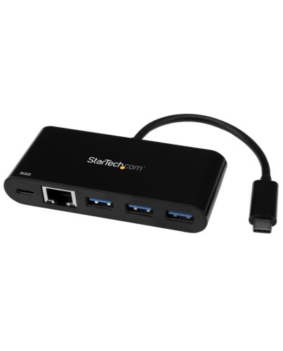 StarTech.com 3 Port USB-C Hub with Gigabit Ethernet & 60W Power Delivery Passthrough Laptop Charging - USB-C to 3x USB-A (USB 3.0 SuperSpeed 5Gbps) - USB 3.1/3.2 Gen 1 Type-C Adapter Hub~3 Port USB-C Hub with Gigabit Ethernet & 60W Power Delivery Passthro HB30C3AGEPD