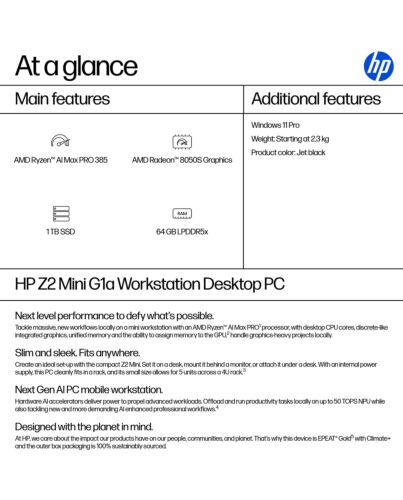 HP Z2 Mini G1a Copilot+ PC AMD Ryzen AI Max PRO 385 64 GB LPDDR5x-SDRAM 1 TB SSD Windows 11 Pro Mini PC Workstation AI Workstation, AI PC Black A40PWET#ABU
