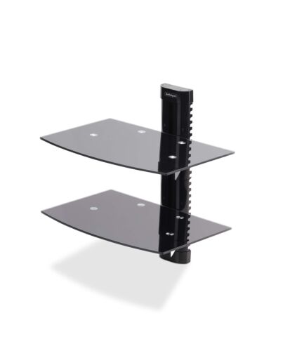 StarTech.com Dual Floating Wall-Mounted AV Shelves, Adjustable Height Shelf For Under TV, Organize A/V Equipment On Black Tempered Glass Shelves