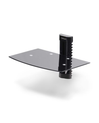 StarTech.com Floating Wall-Mounted AV Shelf, Adjustable Height Shelf For Under TV, Organize A/V Equipment On Black Tempered Glass Shelf