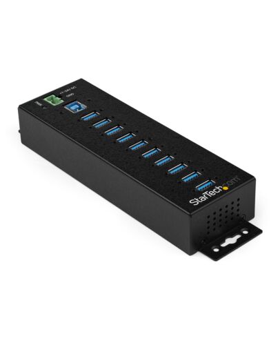 StarTech.com 10-Port USB 3.0 Hub with Power Adapter - Metal Industrial USB-A Hub with ESD & 350W Surge Protection - Din/Wall/Desk Mountable - High Speed USB 3.2 Gen 1 (5Gbps) Hub