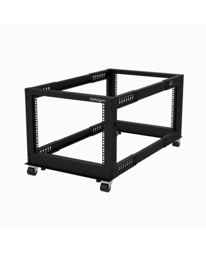 StarTech.com 4-Post 8U Mobile Open Frame Server Rack, Four Post 19in Network Rack with Wheels, Small Rolling Rack with Adjustable Depth for Computer/AV/Data/IT Equipment - Casters, Leveling Feet or Floor Mounting