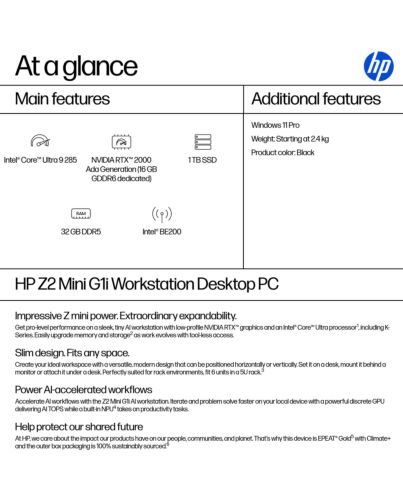 HP Z2 Mini G1i Intel Core Ultra 9 285 32 GB DDR5-SDRAM 1 TB SSD NVIDIA RTX 2000 Ada Windows 11 Pro Mini PC Workstation AI Workstation, AI PC Black B76RGET#ABU