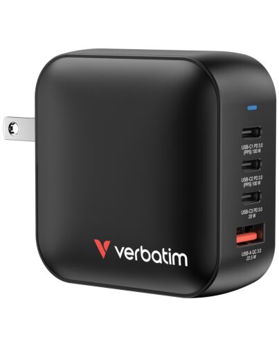 Verbatim Mini GaN Charger 100W 4 Port US plug with EU and UK adaptors