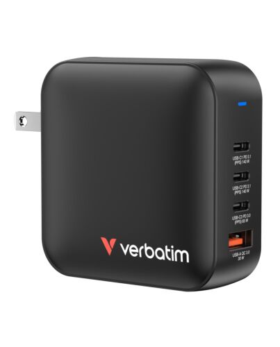 Verbatim Mini GaN Charger 165W 4 Port US plug with EU and UK adaptors