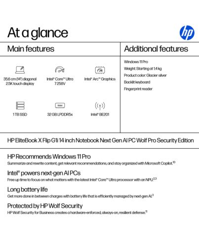HP EliteBook X Flip G1i Next Gen AI PC Wolf Pro Security Edition Copilot+ PC Intel Core Ultra 7 258V Hybrid (2-in-1) 35.6 cm (14