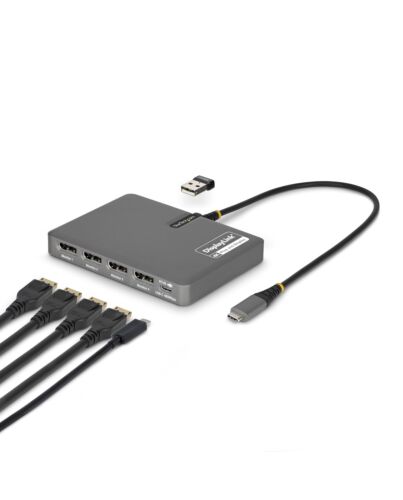 StarTech.com USB-C to Quad-Monitor Workstation Adapter, 4K 60Hz DisplayPort, 140W PD Passthrough for Laptop Charging, USB Port for Wireless Keyboard / Mouse, TAA QUAD-USB-DP-ADAPT