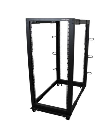 StarTech.com 4-Post 25U Mobile Open Frame Server Rack, Four Post 19in Network Rack with Wheels, Rolling Rack with Adjustable Depth for Computer/AV/Data/IT Equipment - Casters, Leveling Feet or Floor Mounting