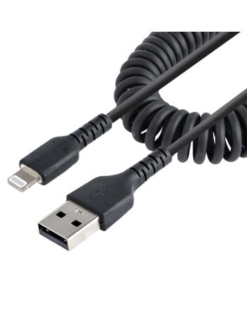 StarTech.com 1m (3ft) USB to Lightning Cable, MFi Certified, Coiled iPhone Charger Cable, Black, Durable TPE Jacket Aramid Fiber, Heavy Duty Coil Lightning Cable