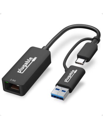 Plugable Technologies 2.5G USB C and USB to Ethernet Adapter, 2-in-1 Adapter Compatible with USB-C Thunderbolt 3 or USB 3.0, USB-C to RJ45 2.5 Gigabit LAN Ethernet, Compatible with Mac and Windows