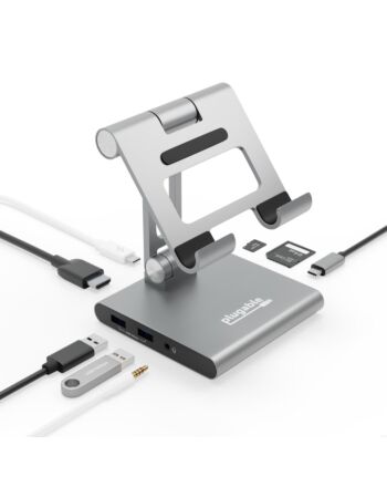Plugable Technologies 8-in-1 USB C Hub for iPad with Stand, 100W Pass-Through Charging, USB C Docking Station for iPad, 1x HDMI, 2X USB, Audio, SD, Driverless, Compatible with Windows, iPadOS, Phones, Tablets