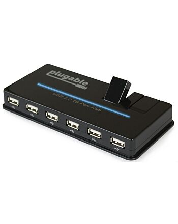 Plugable Technologies USB Hub, 10 Port - USB 2.0 with 20W Power Adapter and Two Flip-Up Ports