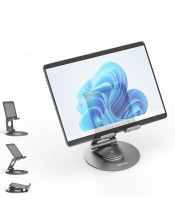 Plugable Technologies Swivel Tablet Stand Holder, 360° Rotating Base Tablet Holder for Phones and Tablets up to 12.9", Adjustable and Foldable iPad Stand for Desk, POS, Kitchen, Drawing (PT-STAND1)