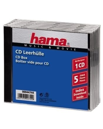 Hama CD Jewel Case Standard, Pack 5 C-shell case 1 discs Black, Transparent