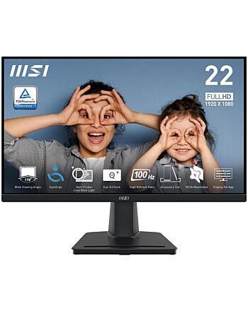 MSI Pro MP225V 21.45 Inch Monitor, FHD (1920 x 1080), 100Hz, VA, 1ms, 1x HDMI 1.4b, 1x D-Sub(VGA), Anti-Glare, Anti-Flicker, Less Blue light, TÜV Certified, VESA, Kensington, Black