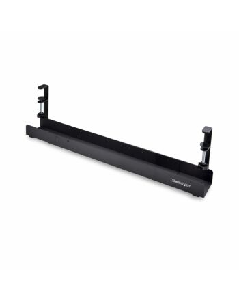 StarTech.com Under Desk Cable Management Tray, Length Adjustable Cable Organizer, Clamp-On Installation, No Drilling Required, Power Bar Holder, Black