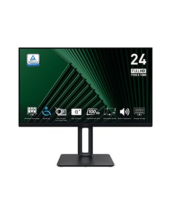 MSI Pro MP245PG 24 Inch Monitor, FHD (1920 x 1080), 100Hz, IPS, 1ms, 1x HDMI 1.4b, 1x DP 1.2a output, 1x D-Sub(VGA), Built-in Speakers, Anti-Glare, Anti-Flicker, Less Blue light, TÜV Certified, VESA, Kensington, 4-way adjustable stand, Black