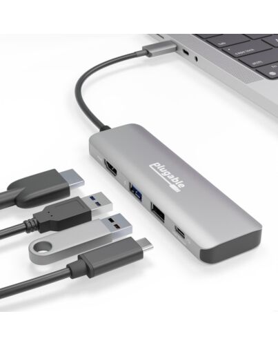 Plugable Technologies USB C Hub Multiport Adapter, 4 in 1, 100W Pass Through Charging, USB C to HDMI 4K 60Hz, Multi USB Port Hub for Windows, Mac, Ipad Pro, Chebook, Thunderbolt (USBC-4IN1) USBC-4IN1