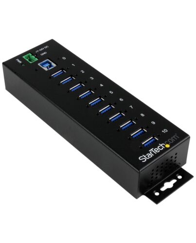 StarTech.com 10-Port Industrial USB 3.0 Hub - ESD and Surge Protection~10-Port USB 3.0 Hub - 5Gbps - Metal Industrial USB-A Hub with ESD & Surge Protection - Din Rail, Wall or Desk Mountable - TAA Compliant USB Expander Hub ST1030USBM