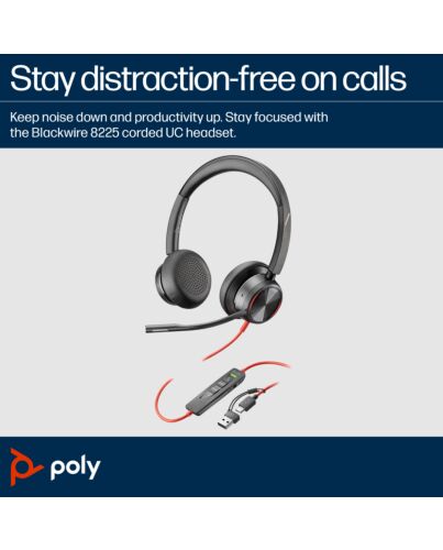 HP Poly Blackwire 8225 Stereo Microsoft Teams  USB-C Headset +USB-C/A Adapter 8X225AA