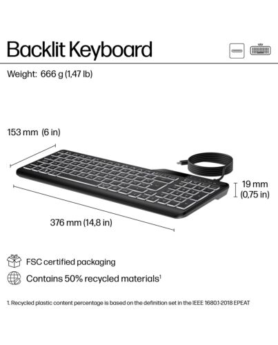 HP 405 Multi-Device Backlit Wired Keyboard 7N7C1AA#ABU
