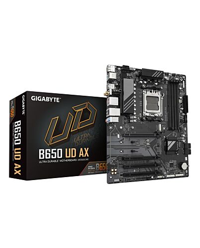 GIGABYTE B650 UD AX Motherboard - AMD Ryzen 9000 Series CPUs, 6+2+2 Phases VRM, up to 7600MHz DDR5 (OC), 1xPCIe 5.0 + 2xPCIe 4.0 M.2, GbE LAN, WIFI 6, USB 3.2 Gen 2 B650 UD AX