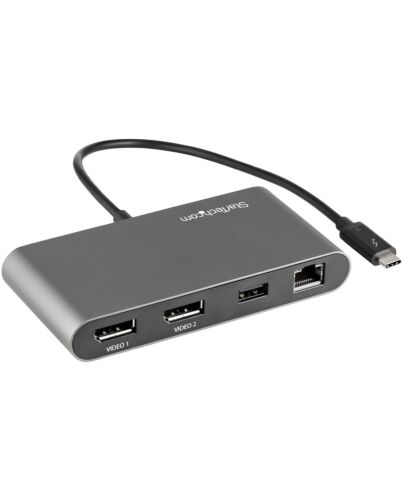 StarTech.com Dual-Monitor Thunderbolt Mini Dock, 4K 60Hz DisplayPort, Driverless Hub for Windows & Mac, Gigabit Ethernet, 1x USB-A (USB 5Gbps), 11in (28cm) Cable TB3DKM2DPL