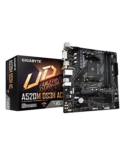 GIGABYTE A520M DS3H AC Motherboard - AMD Ryzen 5000 Series CPUs, 5+3 Phases VRM, up to 4733MHz DDR5 (OC), 1xPCIe 3.0 M.2, GbE LAN, WIFI 5, USB 3.2 Gen 1 A520M DS3H AC