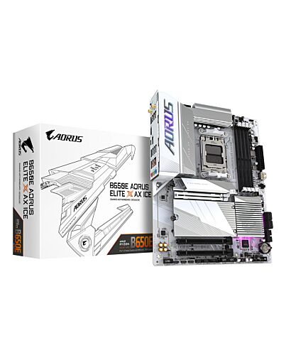 GIGABYTE B650E AORUS ELITE X AX ICE Motherboard - AMD Ryzen 9000 Series CPUs, 12+2+2 Phases VRM, up to 8000MHz DDR5 (OC), 1xPCIe 5.0 + 2xPCIe 4.0 M.2, 2.5GbE LAN, WIFI 6E, USB 3.2 Gen 2 B650E AORUS ELITE X ICE