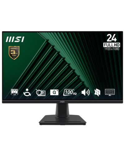 MSI Pro MP245G 24 Inch Monitor, FHD (1920 x 1080), 100Hz, IPS, 1ms, 1x HDMI 1.4b, 1x DP 1.2a output, 1x D-Sub(VGA), Built-in Speakers, Anti-Glare, Anti-Flicker, Less Blue light, TÜV , VESA, Kensington, Black PRO MP245G