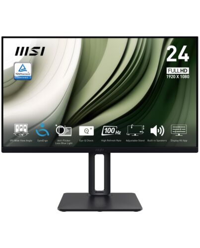 MSI Pro MP245PG 24 Inch Monitor, FHD (1920 x 1080), 100Hz, IPS, 1ms, 1x HDMI 1.4b, 1x DP 1.2a output, 1x D-Sub(VGA), Built-in Speakers, Anti-Glare, Anti-Flicker, Less Blue light, TÜV , VESA, Kensington, 4-way adjustable stand, Black PRO MP245PG