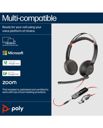 Poly Blackwire 5220 Stereo USB-C Headset +3.5mm Plug +USB-C/A Adapter (Bulk) 8X231A6