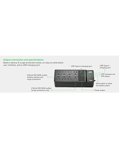 APC Back-UPS, 1050VA/600W Floor/Wall Mount, 230V, 8x British BS1363A outlets, USB Type A+C Port, User Replaceable Battery BE1050G2-UK