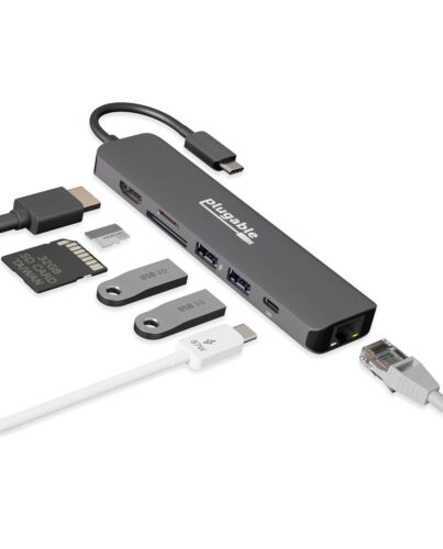 Plugable Technologies 7-in-1 USB C Hub Multiport Adapter with Ethernet Driverless Compatibility with Mac, Windows, iPhone 15, Chebook, USB4, Thunderbolt, 100W Charging, Ethernet, 4K60Hz HDMI, 2X USB, SD/microSD USBC-7IN1E
