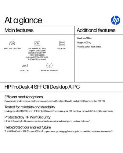 HP ProDesk 4 SFF G1i AI Intel Core Ultra 7 265 16 GB DDR5-SDRAM 512 GB SSD Windows 11 Pro PC AI PC Black 9H7T9ET#ABU