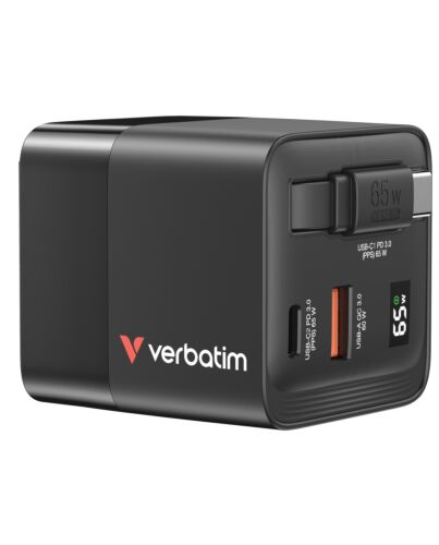 Verbatim GaN Charger 65W 2 Port retractable cable display US plugs with EU and UK adaptors 32217