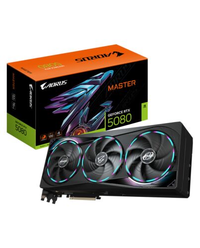 GIGABYTE AORUS GeForce RTX 5080 MASTER 16G Graphics Card - 16GB GDDR7, 256bit, PCI-E 5.0, 2805MHz Core Clock, 3 x DisplayPort, 1 x HDMI, GV-N5080AORUS M-16GD GV-N5080AORUS M-16GD