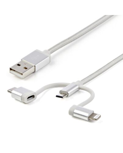 StarTech.com 1 m (3 ft.) USB Multi Charging Cable - USB to Micro-USB or USB-C or Lightning for iPhone / iPad / iPod / Android - Apple MFi  - 3 in 1 USB Charger - Braided LTCUB1MGR