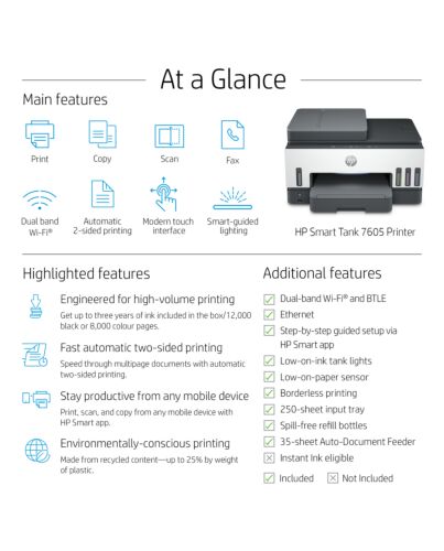 HP Smart Tank 7605 Wireless All-in-One Color Printer, Two-sided printing; Copier, Scanner 28C02A#BHC