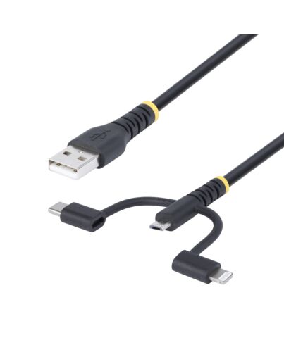 StarTech.com 3.3ft (1m) Rugged USB Multi Charging Cable, USB to Lightning/Micro-USB/Type-C, Apple MFi , Aramid Jacket, Universal 3-in-1 USB Charger Cord for iPhone/iPad/Android RLTCUB1MBK