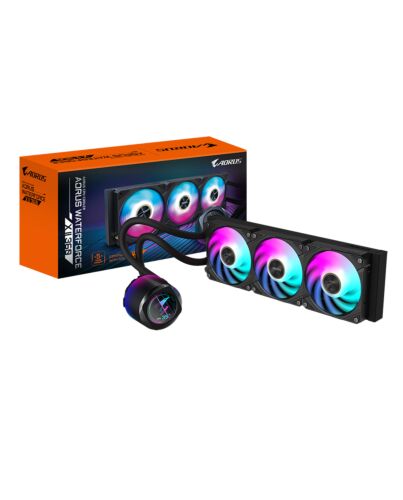 GIGABYTE AORUS WATERFORCE X II 360 AIO Liquid CPU Cooler - 3x120mm ARGB Fans, full-color LCD, MAGNETIC interlocking mechanism, DAISY-CHAIN, Intel LGA 1851 and AMD AM5 Compatible GP-AORUS WATERFORCE X II 360