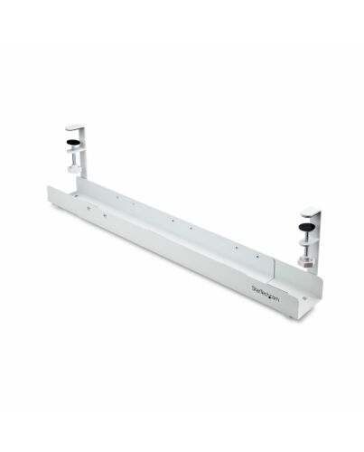 StarTech.com Under Desk Cable Management Tray, Length Adjustable Cable Organizer, Clamp-On Installation, No Drilling Required, Power Bar Holder, White CALW-DESK-CABLE-TRAY