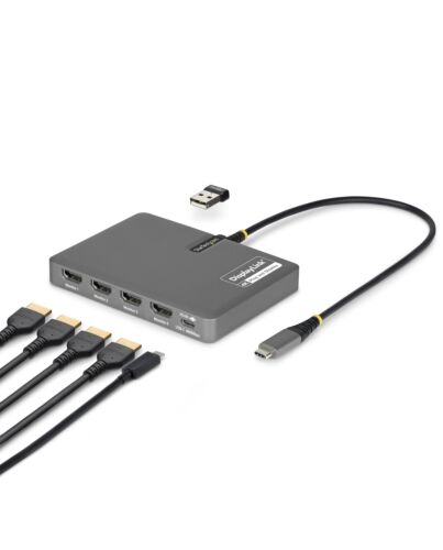 StarTech.com USB-C to Quad-Monitor Workstation Adapter, 4K 60Hz HDMI, 140W PD Passthrough for Laptop Charging, USB Port for Wireless Keyboard / Mouse, TAA QUAD-USB-HDMI-ADAPT