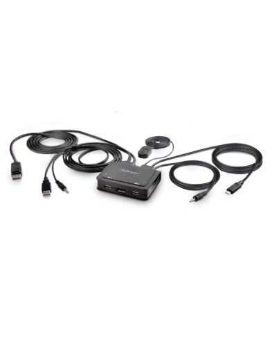 StarTech.com 2-Port Hybrid USB-C DisplayPort Cable KVM Switch, 4K 60Hz, Compact KVM with 6ft/1.8m USB-A/DisplayPort/Audio & 4ft/1.2m USB-C Integrated Host Cables, Bus Powered - Remote Push Button/Hotkey Switching C2-D46-UAC-CBL-KVM