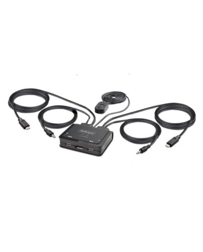 StarTech.com 2-Port USB-C Cable KVM Switch, 4K 60Hz DisplayPort Output, Compact KVM with 4ft/1.2m USB Type-C/Audio Integrated Cables, Bus Powered - Remote Push-Button/Hotkey Switching C2-D46-UC2-CBL-KVM